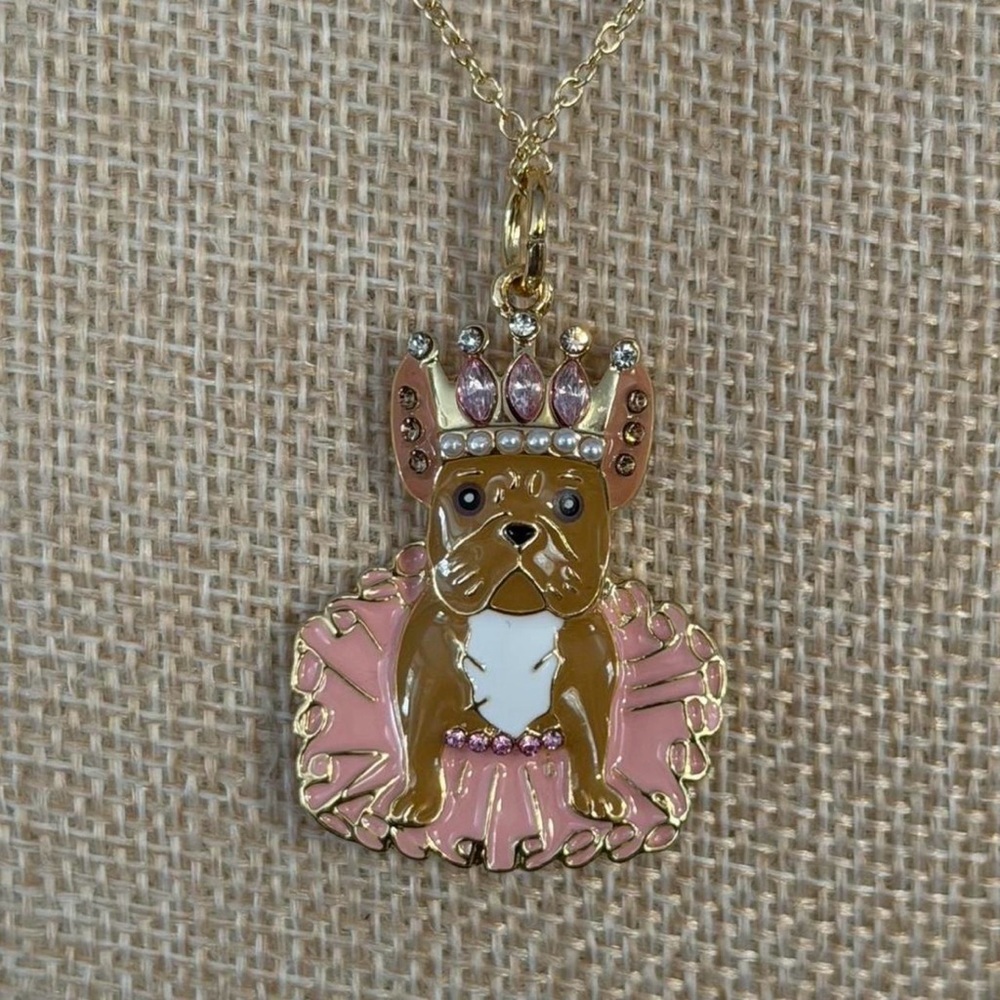 Gold and Pink French Bulldog Crown Pendant Necklace